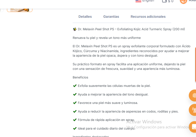 Descripción y beneficios Dr Melaxin Peel Shot PS spray exfoliante