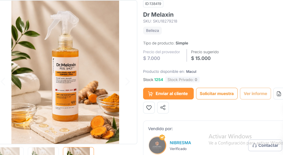 Dr Melaxin Peel Shot PS spray exfoliante corporal 200ml con ácido kójico y cúrcuma